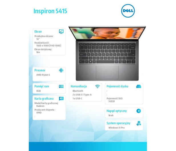 DELL Inspiron 5415 AMD R5 5500U/8GB/512GB SSD/Radeon/14''/W11P Srebrny - 695432 - zdjęcie 3